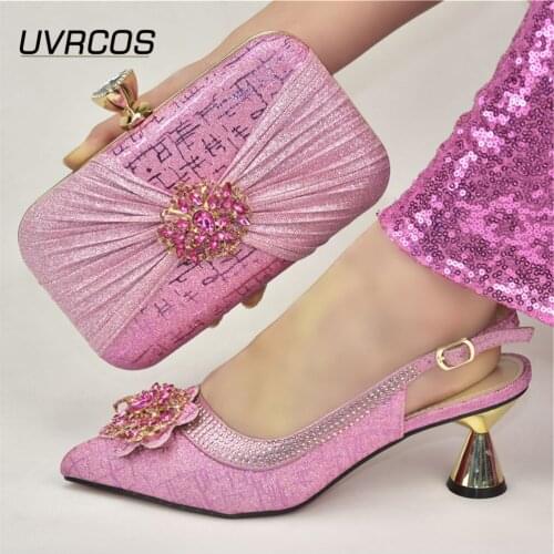 African Fashion Italian Design Colorful Crystal Style Women Shoes and Bag Set With Streamer Modeling in Pink Color for Party
