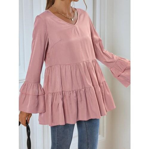 Woman Blouses Sping Autumn Patchwork Ruffles V-Neck Long Sleeve Shirt Womens Clohting 2021 Casual Loose Blusas Femme Y2k Tops