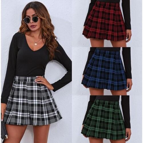 Womens Pleated Skirt Spring Summer Autumn Vintage High Waist Black White Gray Red Green Plaid Skirt Female Patchwork Mini Skrit