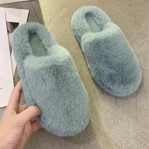 Winter Women House Zapatillas Mujer Casa Furry Slippers Fashion Faux Fur Warm Shoes Slip on Flats Female Slides Black Plush