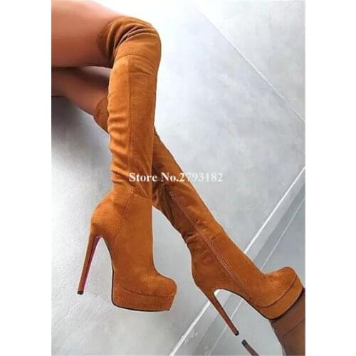 Women Top Fashion Round Toe Suede Leather High Platform Stiletto Heel Over Knee Boots Slim Style Long High Heel Boots Dress Heel