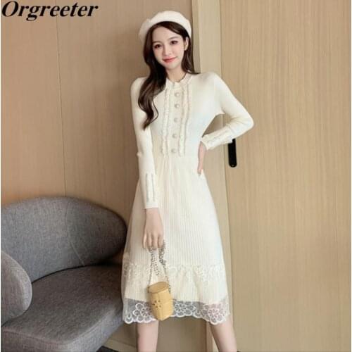 Fall Winter French style Small fragrant Pearl Button Tassel Knit Dress Women Temperament Embroidery Lace Stitching Sweater Dress