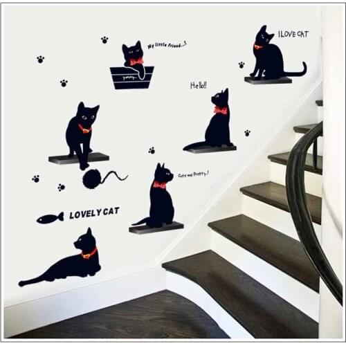 1PC DIY Funny Black Cat Family Cartoon Wall Stickers Living Room Bedroom Background Decorative Stickers Vinyl Wall Stickers
