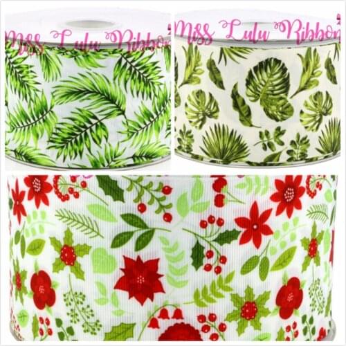 16mm-75mm Green Leaves&Red Flowers Grosgrain Ribbon Flora Patterns DIY Christmas Decor Materials handmade hair Bows 50yards/roll
