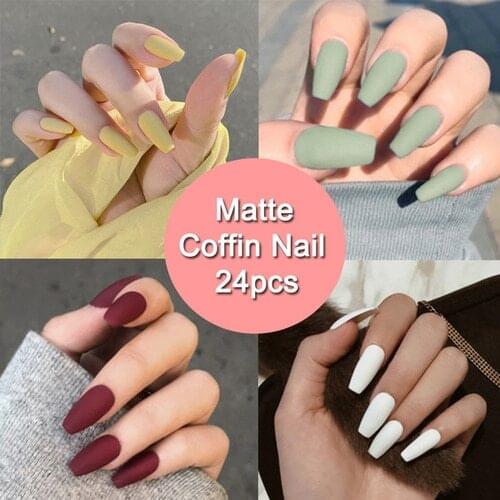 24Pcs Matte Ballerina Fake Nail Tips Wearable False Nails Full Cover Artificial Coffin Acrylic Nails DIY Nail Art Tool