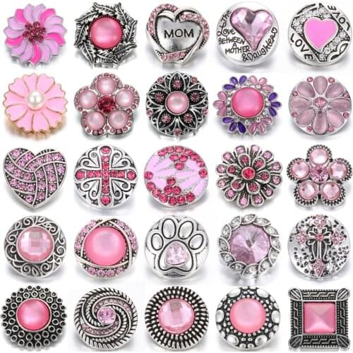 6pcs/lot New Snap Jewelry18mm Snap Buttons Pink Crystal Rhinestone Flower Snaps Fit Snap Bracelets Bangles Women Button Jewelry