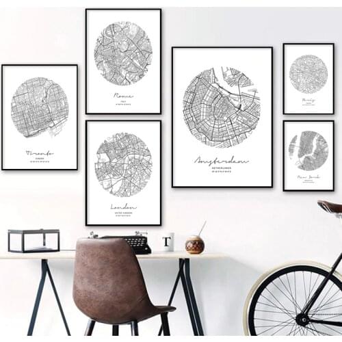 Abstract London New York City Map Wall Art Canvas Posters and Prints Nordic Paintings Black White Pictures for Living Room