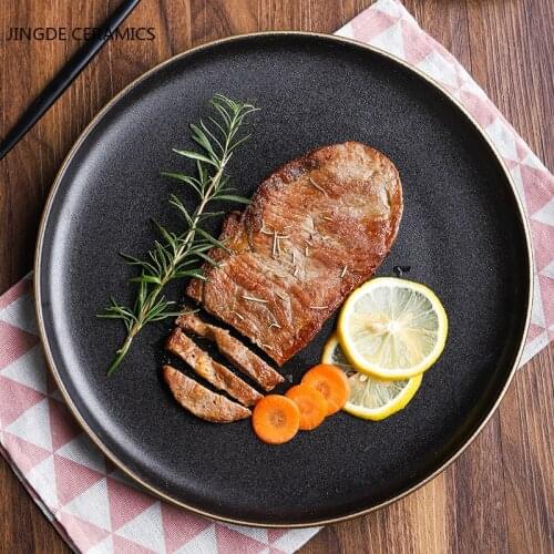Nordic Style Black Ceramic Round Plate Dish Commercial Serving Tray Western Food Plates Steak Cake Dishes Kitchen Tableware