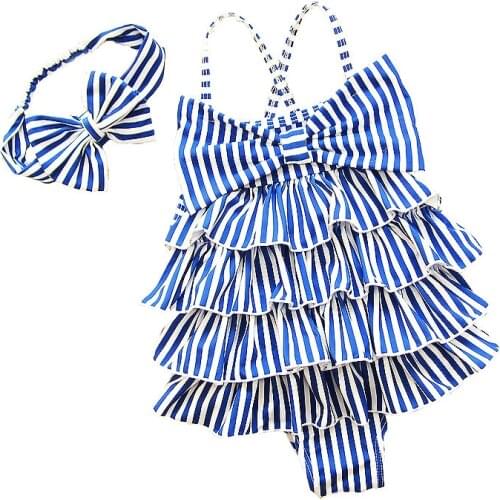Children Swimsuits For Girls Baby Kids Beach One Piece Swimwear Navy Style Blue Striped Bathing Suit 2-9 Years Swimming Clothing