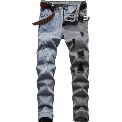 Spring Autumn New Men Two-color Splicing Slim Frayed Jeans Denim Trousers New Fashion Hip-hop Male Skinny Streetwear