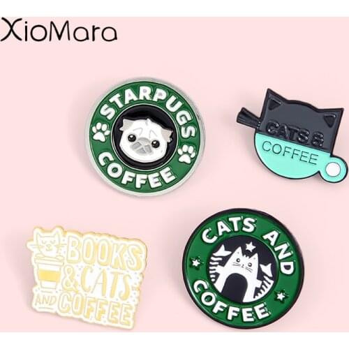 Animal Cafe Enamel Pins Custom Badge Cat Dog & Coffee Cup Books Jewelry Pug Puppy Kitty Brooches Lapel Pin For Friends Gifts