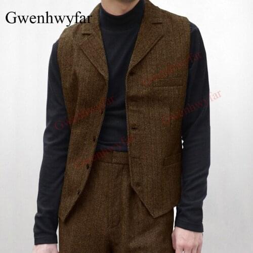 Gwenhwyfar Mens Suit Vest V Neck Wool Herringbone Tweed Casual Waistcoat Formal Business Vest Groomman For Brown/Green/Black