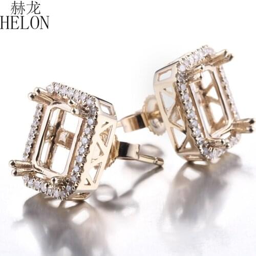 HELON Emerald Cut 5x7mm Solid 14K Yellow Gold Natural Diamonds Semi Mount Engagement Stud Earring Women Fine Jewelry Best Gift