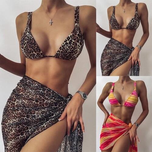 Fashion Women Leopard Printed 3Pcs Bikini Set Sexy Split Style Sling Tops with Thong Briefs and Beach Scarf for Beach/Vacations