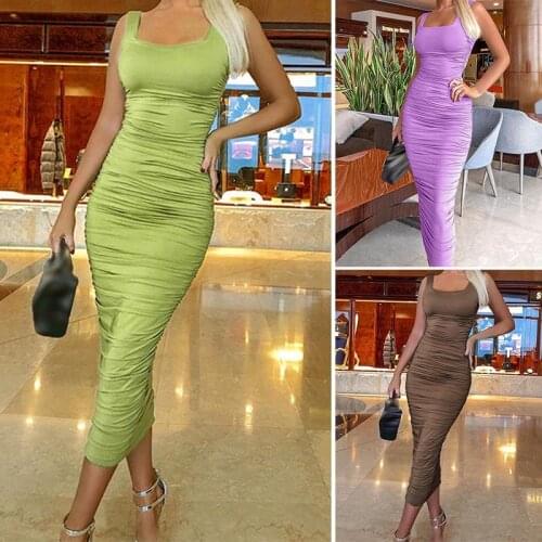 Hot kf-Women Ruched Solid Sexy Party Dresses Sleeveless Skinny Clubwear Basic Dress