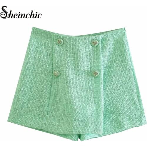 Korean Fashion Summer Clothes for Women 2021 High Waist Green Shorts Women Double-breasted Loose Casual Ropa Mujer