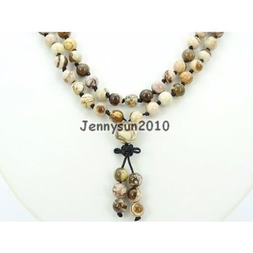 Natural Brown Zebra 6mm Gems Stone Buddhist 108 Beads Prayer Mala Knot Necklace Multi-Purpose 5Strands/Pack