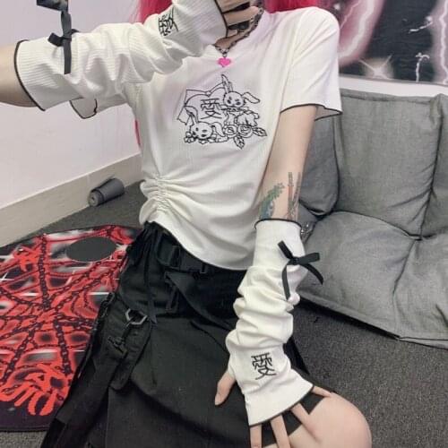 New Summer Gothic Punk Print White T-Shirts Hot Girl Sexy Drawstring Sleeve Harajuku Fashion O-Neck Top