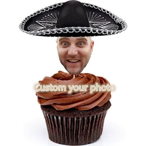 Personalized Face birthday Cupcake Toppers, bapstim Mexican Sombrero Cake Toppers, wedding Fiesta Baby shower Party Food Picks
