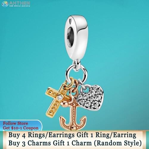 Ahthen 925 Sterling Silver Triple-tone Cross, Heart & Anchor Dangle Charm fit Original Pandora Bracelets for Women DIY Jewelry