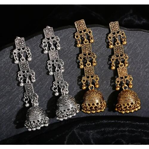 2021 Sliver Color Boho Vintage Indian Earring Ethnic Oxidized Long Bells Dangle Hanging Earrings Afghan Womens Gypsy Jewelry
