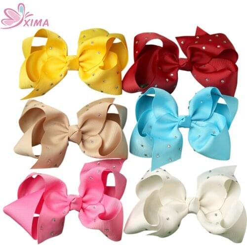 XIMA 21PCS 6''High Quality Large Bows Girls Diamond Hair Bows With French Clip Rhinestones Ribbon Bows Kids Hair Accessories