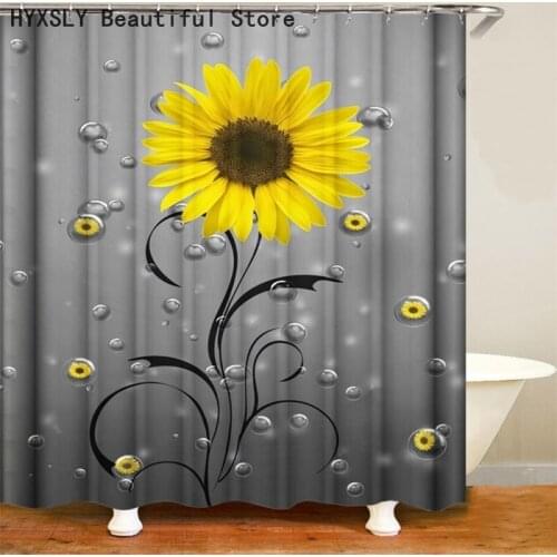 Sunflower with Bubbles Grey Shower Curtain 3d Bathroom Decoration Waterproof Polyester Washable Cover Screen Set and C-Hooks