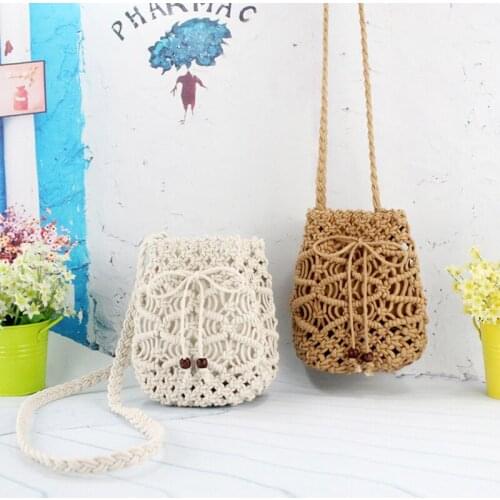 Ladies Woven Straw Bag Clutch Bag Summer Bohemian Woven Openwork Beach Bag Handmade 3 Strands Grass Bag Cotton Line Handbag