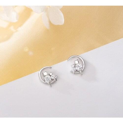 Bling Dainty Moon Cat Small Earrings Cubic Zirconia 925 Sterling Silver Stud Earrings For Women Luxury Trendy Jewelry Gift