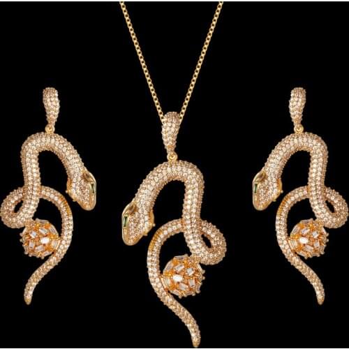 Zlxgirl jewelry Classic snake shape animal necklace and earring wedding bijoux sets for women Gold cooper cubic zirconia neclace