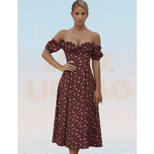 Print Maxi Dresses for Women 2021 New Sexy Split Floral Ears Strapless Long Dress Street Style V-Neck Sleeveless Dress