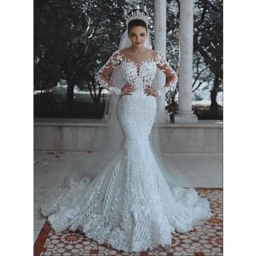 Long Sleeve Mermaid Wedding Dresses Sexy V-neck Court Train Zipper Back Luxury Lace Embroidery Custom Wedding Dress 2021