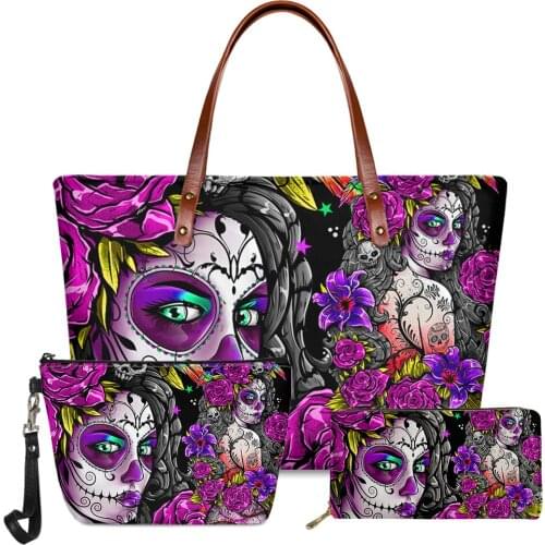 3 Pcs Shoulder Bag Cosmetic Bag Purse Polyneisan Hawaiian Skull Prints Women Fashion Composite Bags Pu Leather Handbag Wholesale