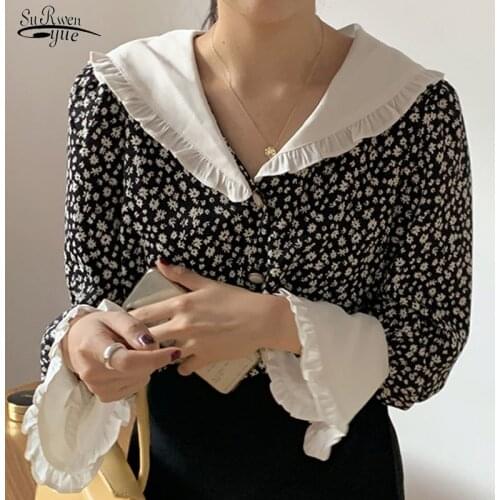 Blusas 2021 Autumn Vintage Tops Blouse Print Floral 2021 Ruffled Casual Shirt Elegant Loose Fashion Sweet Chic Clothing 10172