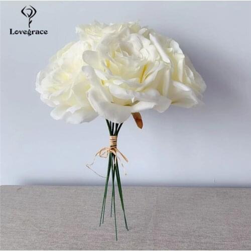 Love 7 Heads White Silk Flower Roses Artificial Flowers Bride Bouquet for Wedding Decoration Home Table DIY Decor Fake Flowers