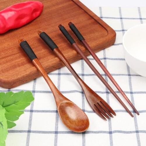 Wooden Tableware Cutlery Set Kids Spoon Japanese Chopsticks Fork Spoon Travel Tableware Kitchen Gadgets