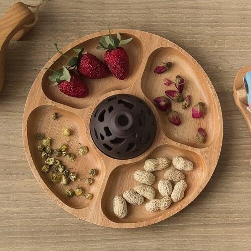 25cm Wooden Partition Tray Household 5 Compartments Snack Dry Fruit Plate Natural Wooden Round Shape Food Divided Plate 2021 New