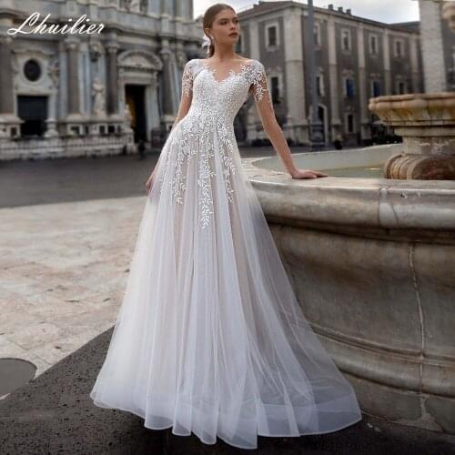 Lhuilier Elegant A-line Beach Tulle Wedding Dresses 2020 Floor Length Full Sleeves Sweep Train Lace Appliques Bridal Dress