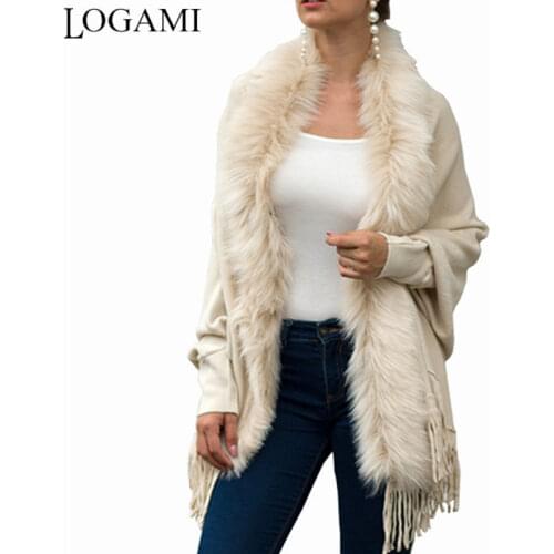LOGAMI Fake Fur Collar Cardigan Poncho Tassel Solid Coat 2021 Women Casual Loose Shawl