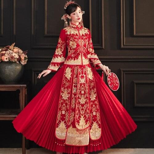 Chinese Wedding Dress Golden Embroidery Dragon Phoenix Banquet High-quaity Classic Cheongsam China Qipao костюм для восточных