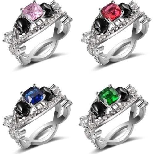 Blue Green Red Austrian Gothic Silver Color Skull Rings For Women Pink Crystal CZ Wedding Jewelry party trendy love gift Rings