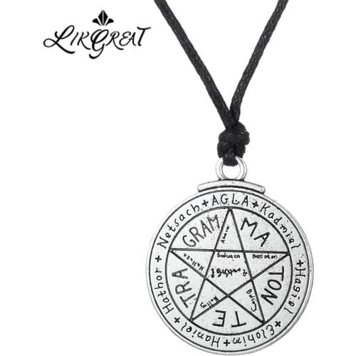 LIKGREAT Key of Solomon Pentacle Necklace Vintage Religious Round Pendant Rope Cord Chain Adjustable Supernatural Amulet Jewerly