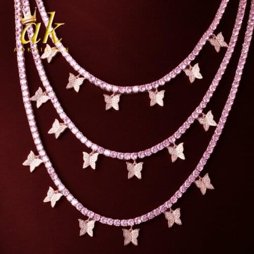 Pink Color Butterfly Pendant 4mm 1 Row Tennis Chain Necklace Hip Hop Jewelry Men Women Necklace Link adjustable
