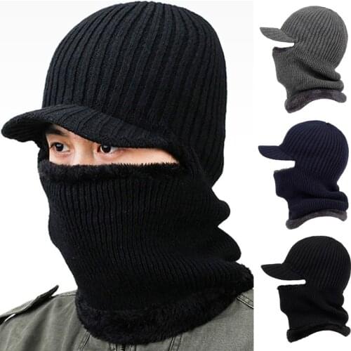 Men Winter Knitted Balaclava Beanie Hat with Visor Plush Lining Neck Warmer Mask