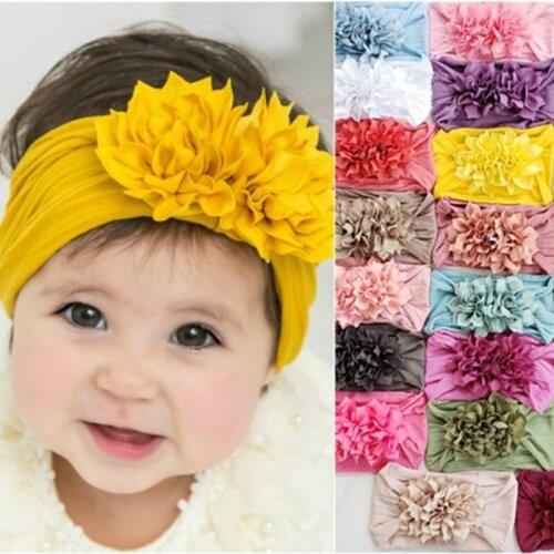 Nylon Headband with Chiffon Flowers Baby Girls Headbands Infant Hair Flower Wide Soft Hairband for Kids Headwear Children Turban