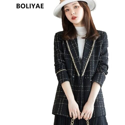 Boliyae 2021 Autumn and Winter New White Suit Coat Women Fashion Tweed Plaid Jacket Casual Black Long Sleeve Blazer Casual Tops