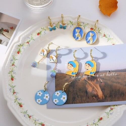 New Ocean Blue Fresh Earrings Korean Retro Sweet Ins Style Simple Cat Portrait Earrings Personalized Earrings