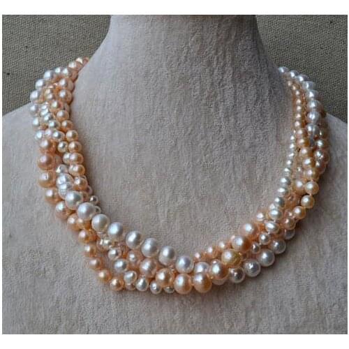 Unique Pearls jewellery Store 4rows 6-9mm White Pink Color Genuine Freshwater Pearl Necklace 18inches Fine Pearl Jewelry