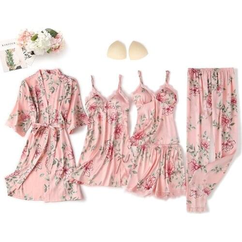 Printed 5/4/3/2/1 Piece Pajamas Set Sexy Lace Trim Stain Women Homewear Faux Silk Gown Spring Robe Sleepwear With Chest Pads