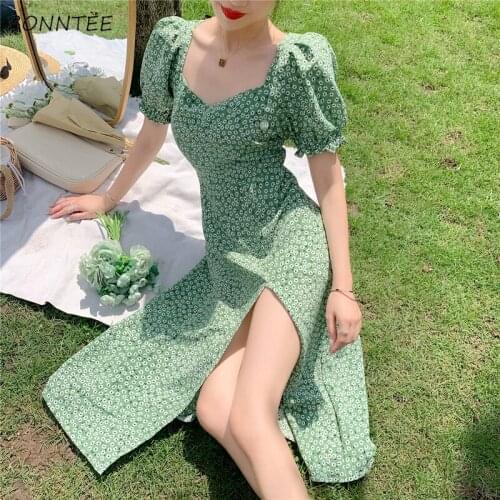 Dresses Women Puff Sleeve Summer Print High Waist Sexy Female Vestidos Beach Holiday Ulzzang Popular Teens Chic Students Retro
